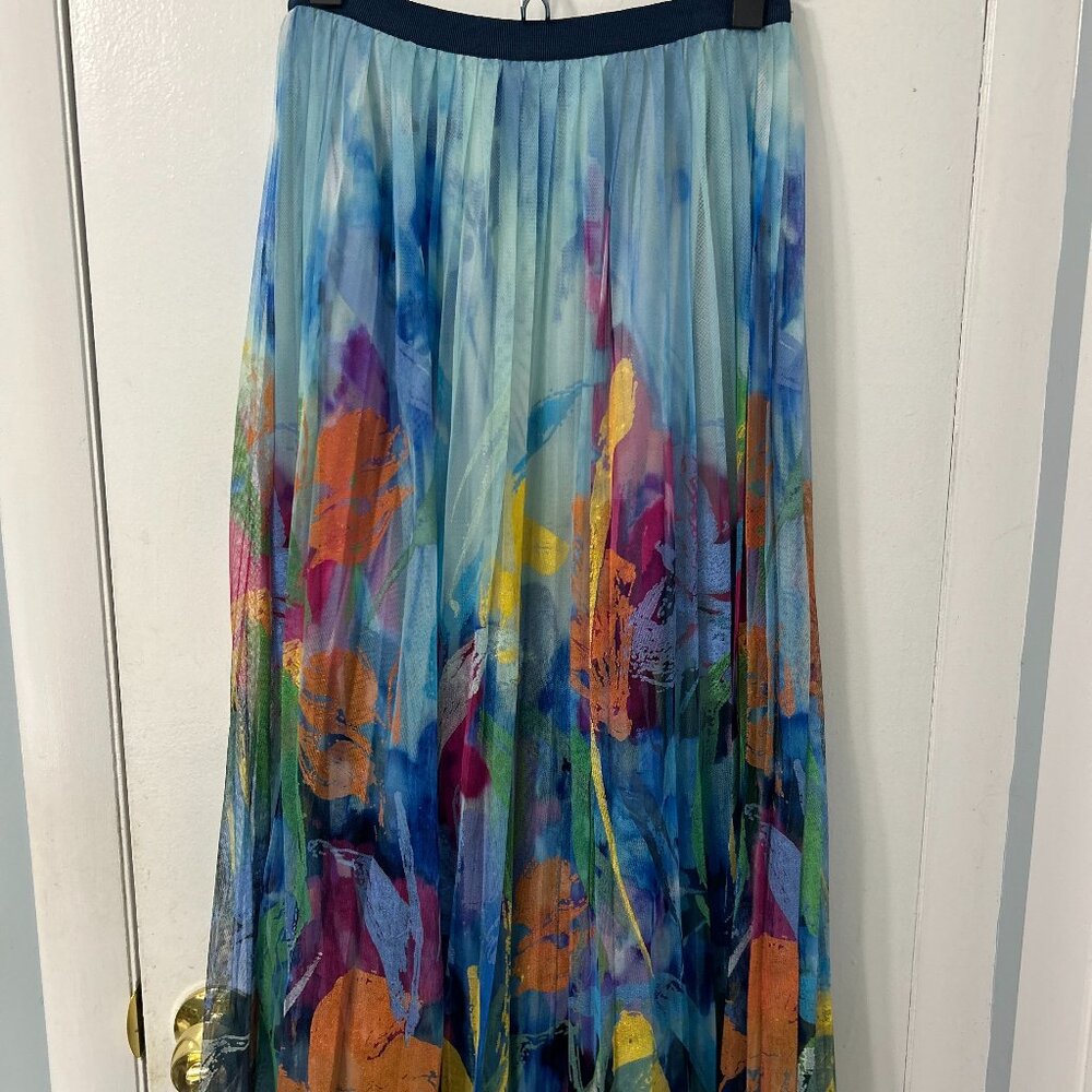 Anthropologie X-Small midi tulle watercolor blue multi skirt